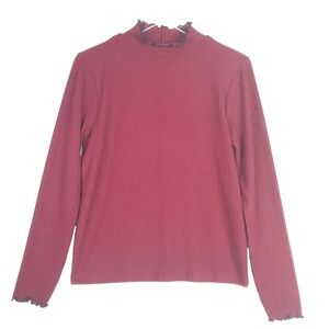 J Crew Top Womens Medium Red Blue Trim Ribbed Stretch Ruffle Mock Neck Preppy